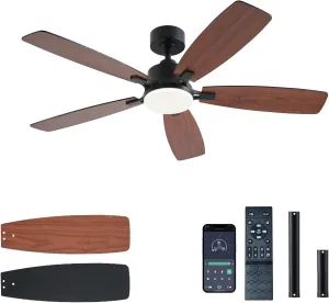 52inch Ceiling Fans with Lights, Low Profile Ceiling Fan with Light and Remote/App Control, 2 Downrods, DC Reversible Motor, Noiseless, Dimmable Brown Ceiling Fan for Bedroom Livingroom App-controlled remote fan for convenience