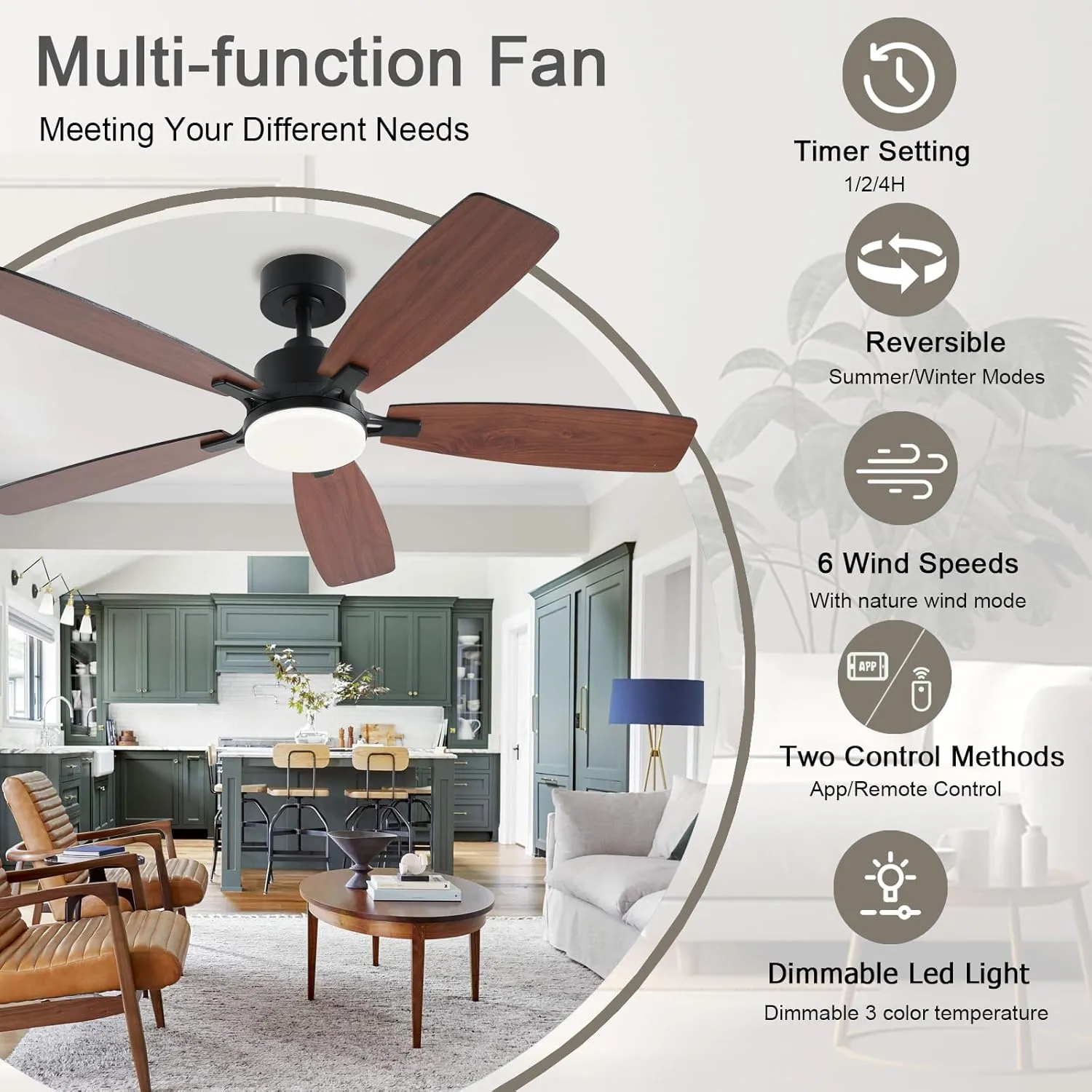 52inch Ceiling Fans with Lights, Low Profile Ceiling Fan with Light and Remote/App Control, 2 Downrods, DC Reversible Motor, Noiseless, Dimmable Brown Ceiling Fan for Bedroom Livingroom