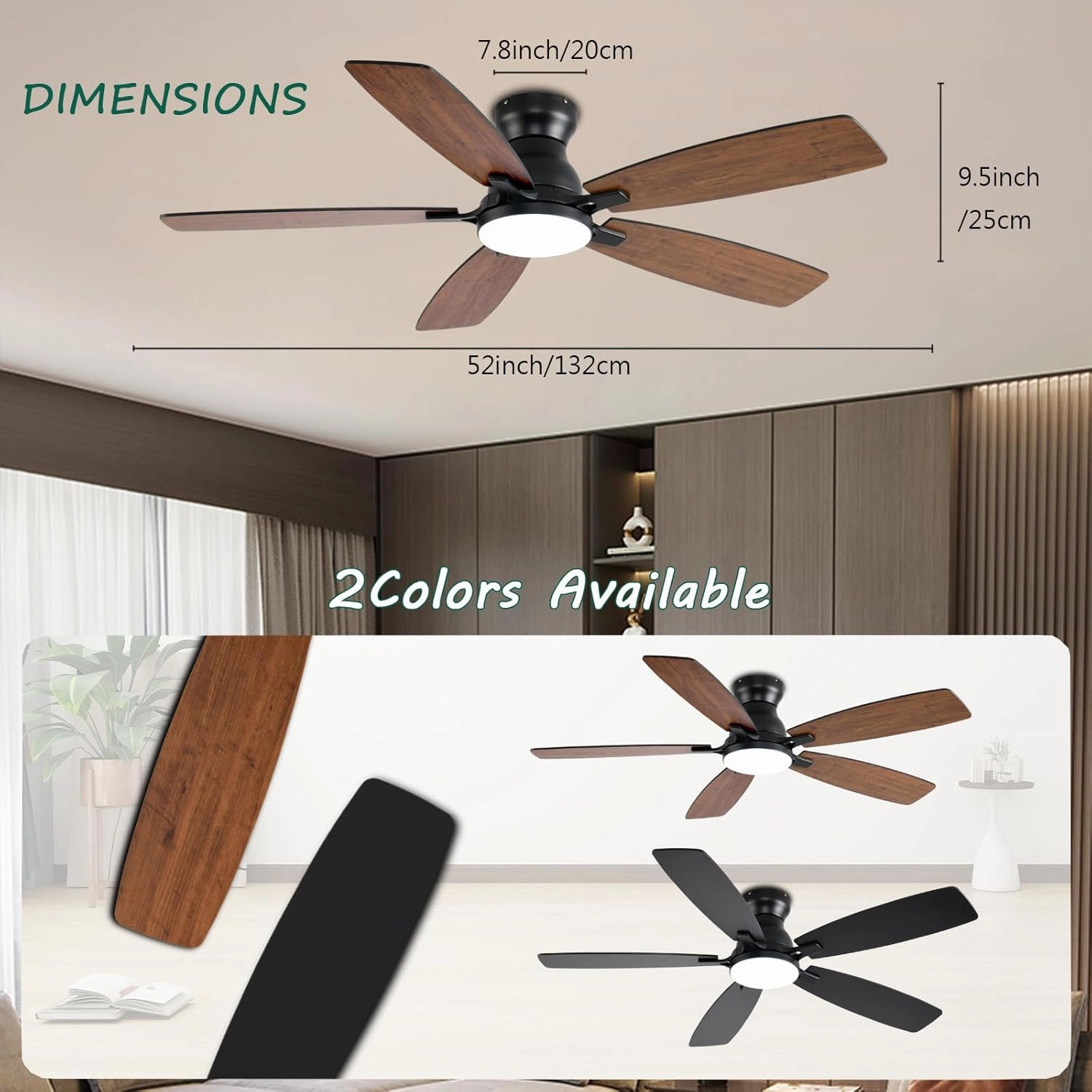 52inch Ceiling Fans with Lights, Low Profile Ceiling Fan with Light and Remote/APP Control, DC Reversible Motor, Noiseless, Flush Mount, Brown Ceiling Fan for Bedroom Indoor/Outdoor Use