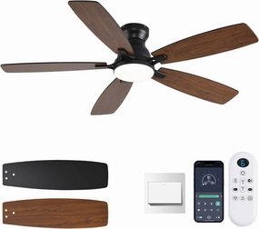 52inch Ceiling Fans with Lights, Low Profile Ceiling Fan with Light and Remote/APP Control, DC Reversible Motor, Noiseless, Flush Mount, Brown Ceiling Fan for Bedroom Indoor/Outdoor Use App-controlled remote fan for convenience