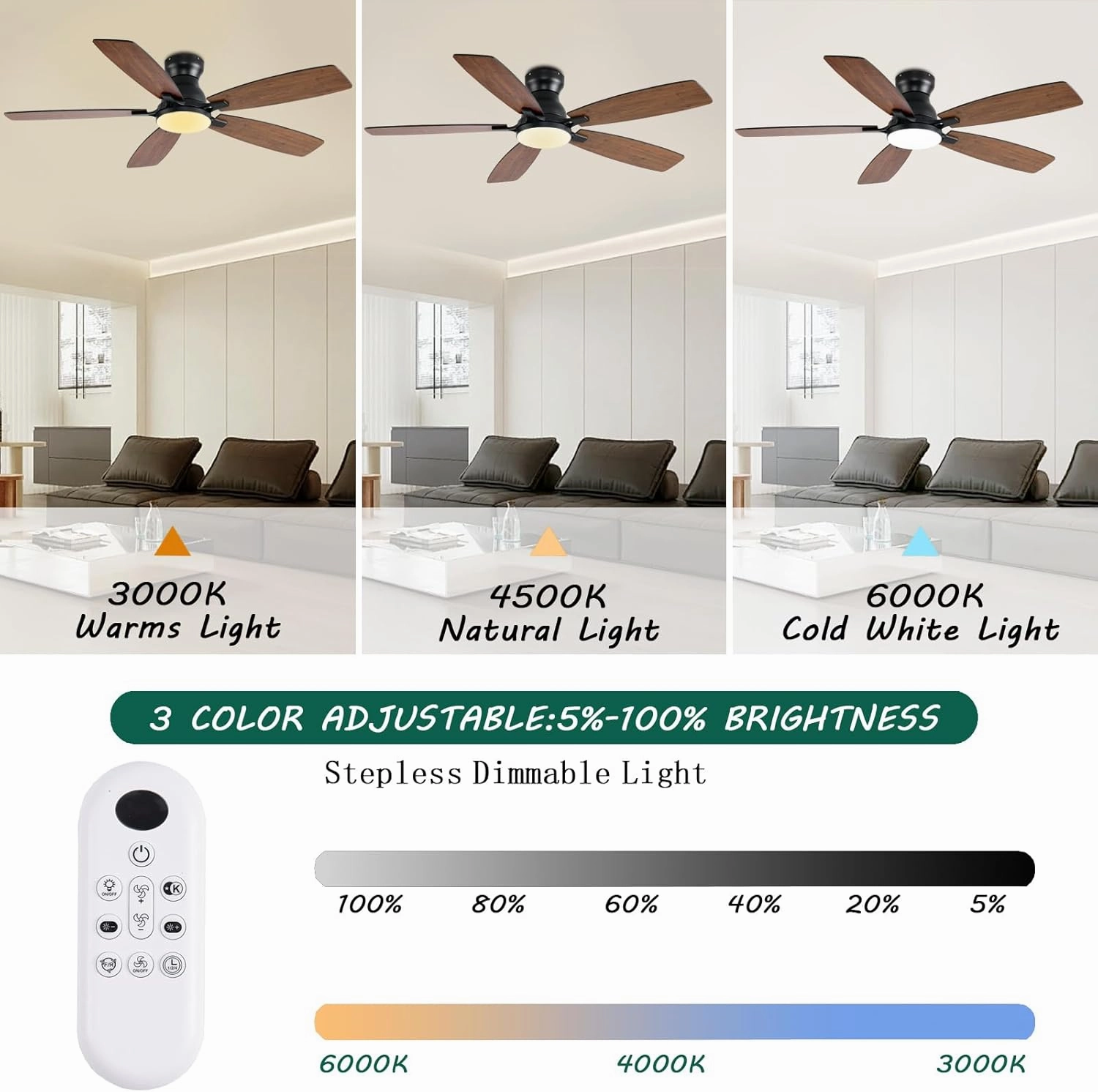 52inch Ceiling Fans with Lights, Low Profile Ceiling Fan with Light and Remote/APP Control, DC Reversible Motor, Noiseless, Flush Mount, Brown Ceiling Fan for Bedroom Indoor/Outdoor Use