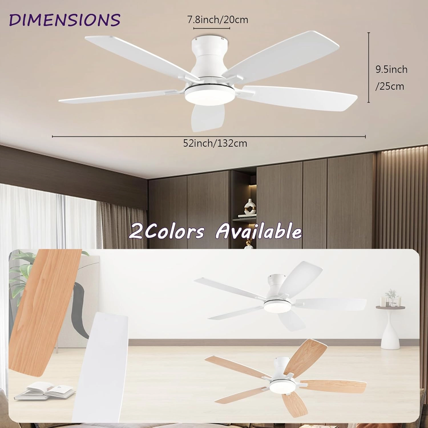 52inch Ceiling Fans with Lights, Low Profile Ceiling Fan with Light and Remote Control/APP Control, DC Reversible Motor, Noiseless, Flush Mount White Ceiling Fan for Bedroom, Indoor/Outdoor Use