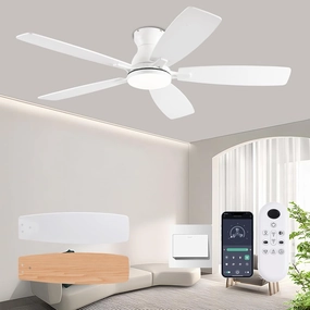 52inch Ceiling Fans with Lights, Low Profile Ceiling Fan with Light and Remote Control/APP Control, DC Reversible Motor, Noiseless, Flush Mount White Ceiling Fan for Bedroom, Indoor/Outdoor Use App-controlled remote fan for convenience