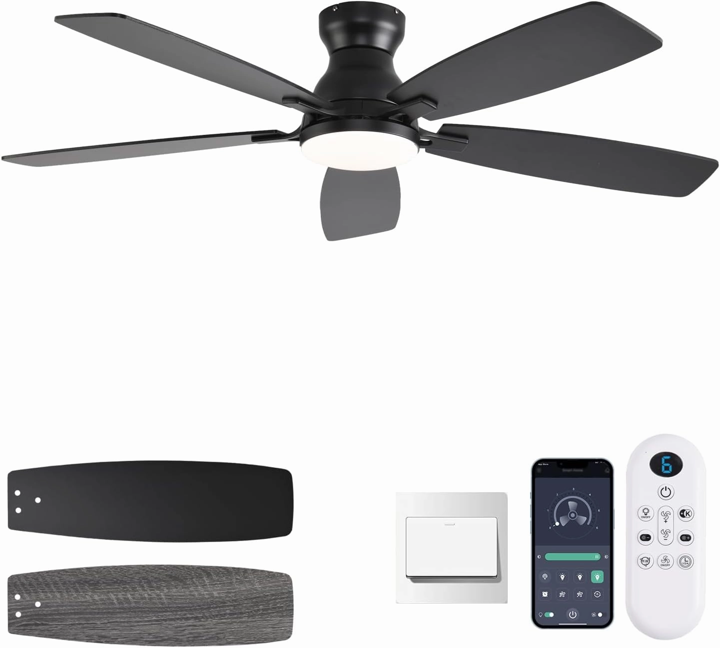 52inch Flush Mount Ceiling Fans with Lights and Remote Control/APP Control, DC Reversible Motor, Noiseless, Dimmable, Low Profile Black Ceiling Fan for Bedroom Indoor/Outdoor Use App-controlled remote fan for convenience