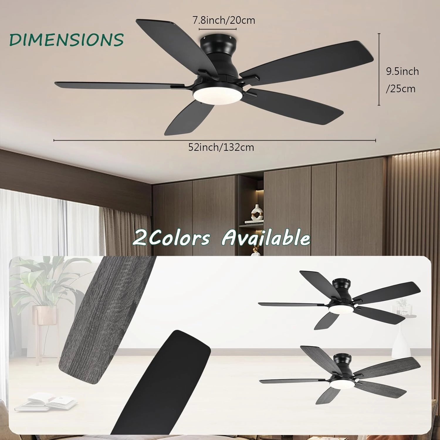 52inch Flush Mount Ceiling Fans with Lights and Remote Control/APP Control, DC Reversible Motor, Noiseless, Dimmable, Low Profile Black Ceiling Fan for Bedroom Indoor/Outdoor Use