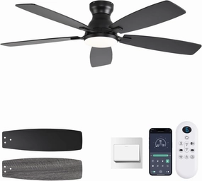52inch Flush Mount Ceiling Fans with Lights and Remote Control/APP Control, DC Reversible Motor, Noiseless, Dimmable, Low Profile Black Ceiling Fan for Bedroom Indoor/Outdoor Use App-controlled remote fan for convenience