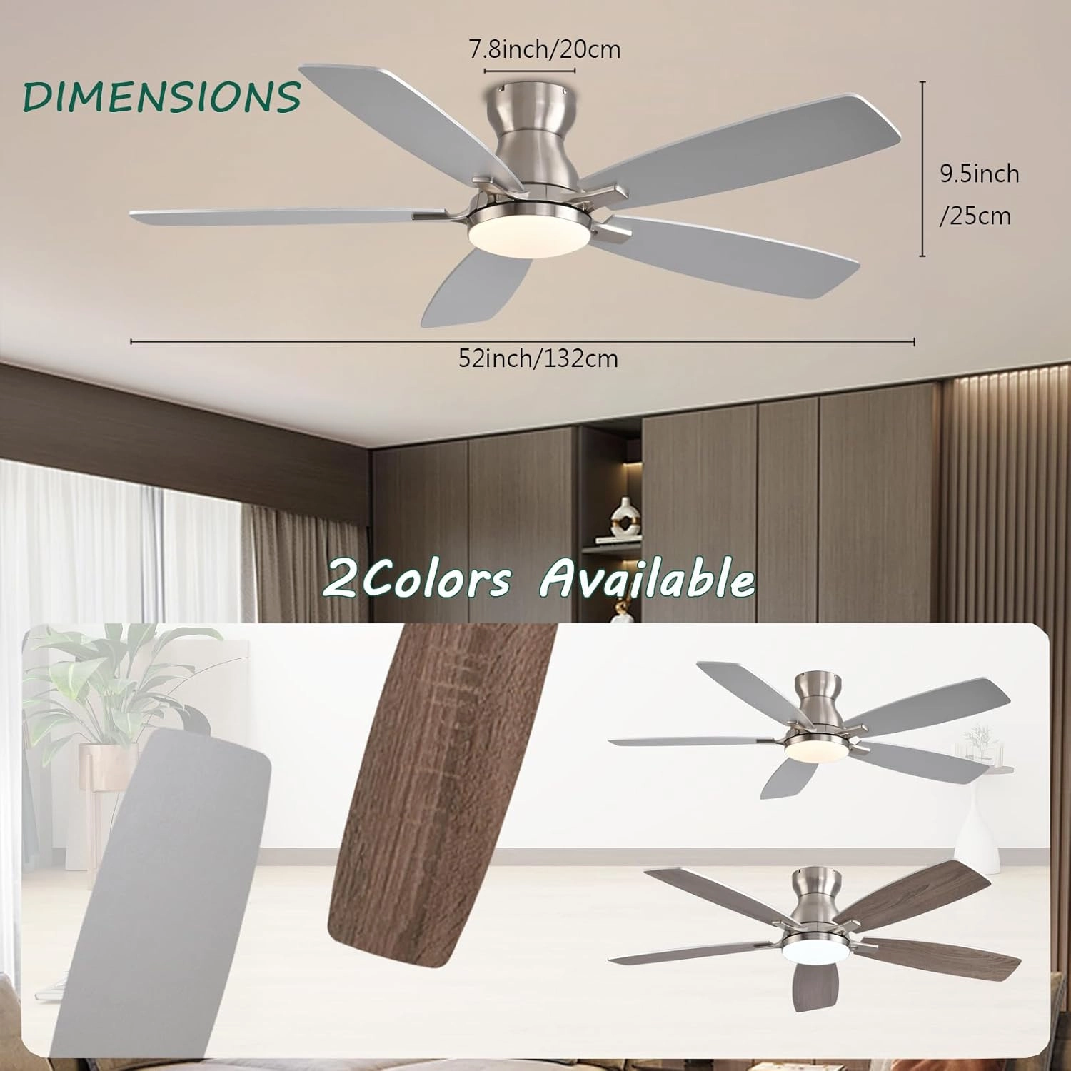 52inch Flush Mount Ceiling Fans with Lights and Remote Control/APP Control, DC Reversible Motor, Noiseless, Dimmable, Low Profile Nickel Ceiling Fan for Bedroom Indoor/Outdoor Use