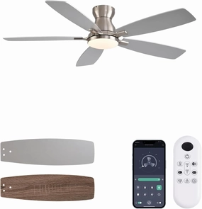 52inch Flush Mount Ceiling Fans with Lights and Remote Control/APP Control, DC Reversible Motor, Noiseless, Dimmable, Low Profile Nickel Ceiling Fan for Bedroom Indoor/Outdoor Use App-controlled remote fan for convenience