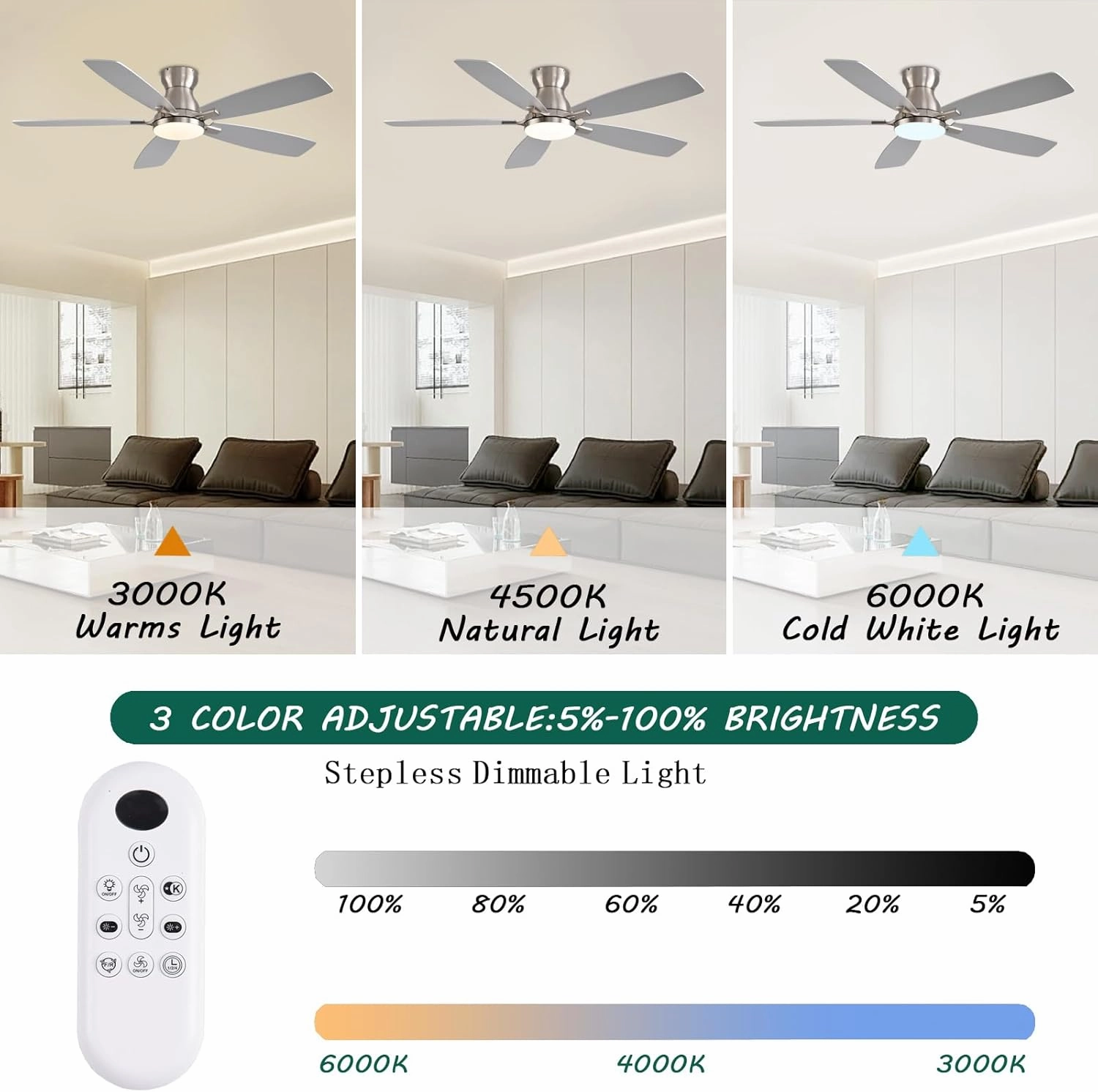 52inch Flush Mount Ceiling Fans with Lights and Remote Control/APP Control, DC Reversible Motor, Noiseless, Dimmable, Low Profile Nickel Ceiling Fan for Bedroom Indoor/Outdoor Use