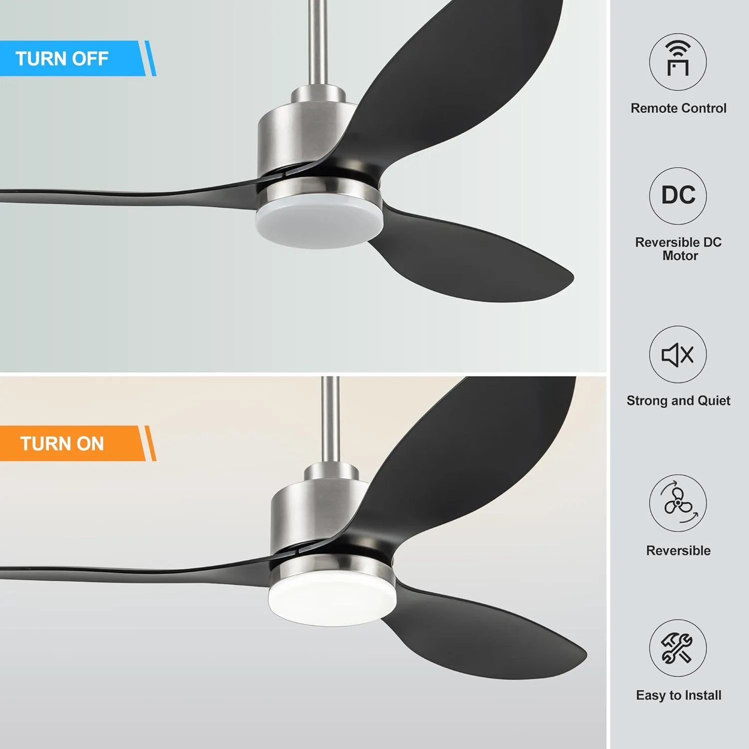 52" Ceiling Fans with LED Lights Remote Control, Modern Ceiling Fan with Reversible DC Motor, 3 Blades and 3 Color Temperature, LED Light Chandelier for Bedroom (Brushed Nickel & Black)