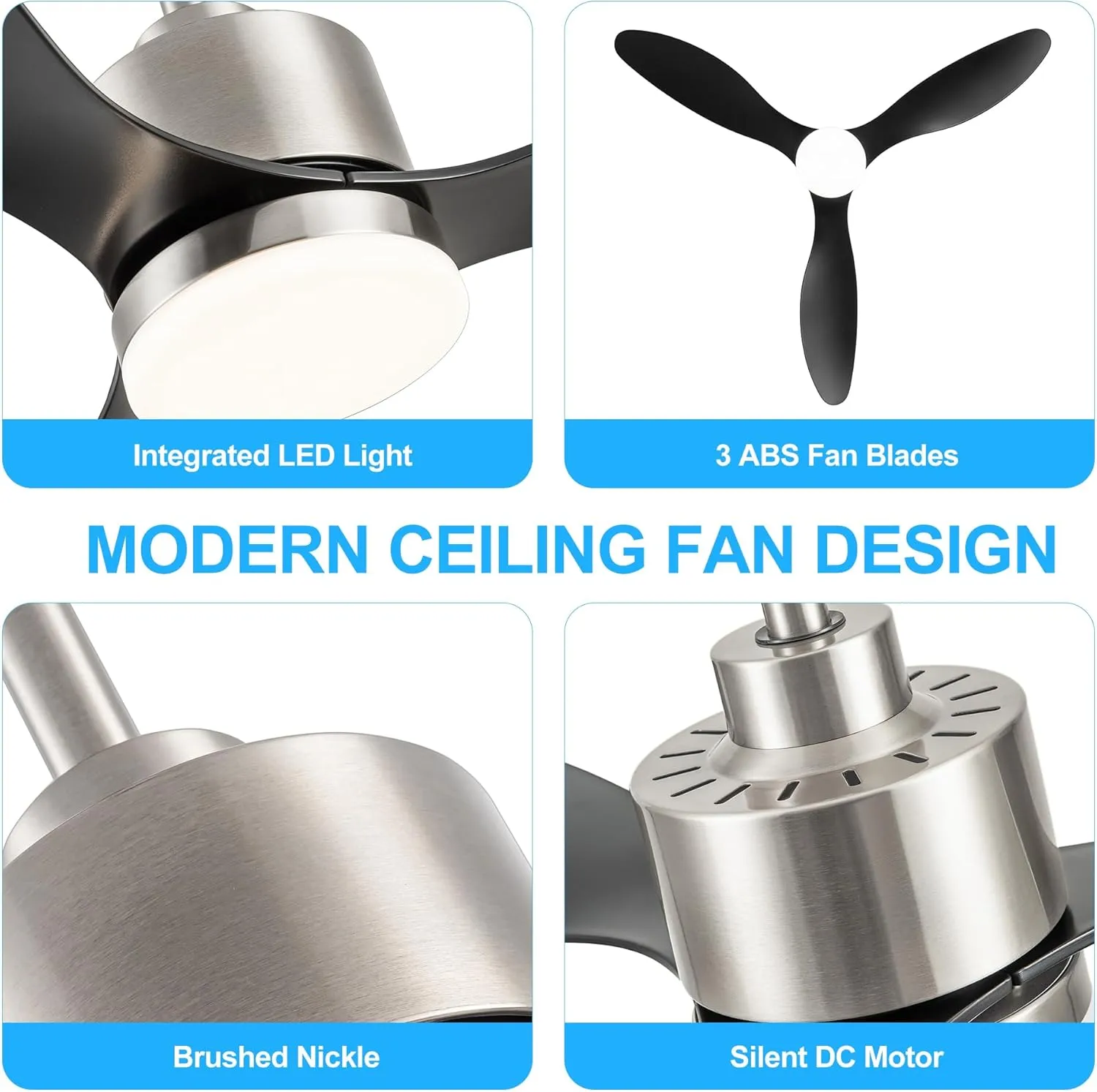 52" Ceiling Fans with LED Lights Remote Control, Modern Ceiling Fan with Reversible DC Motor, 3 Blades and 3 Color Temperature, LED Light Chandelier for Bedroom (Brushed Nickel & Black)