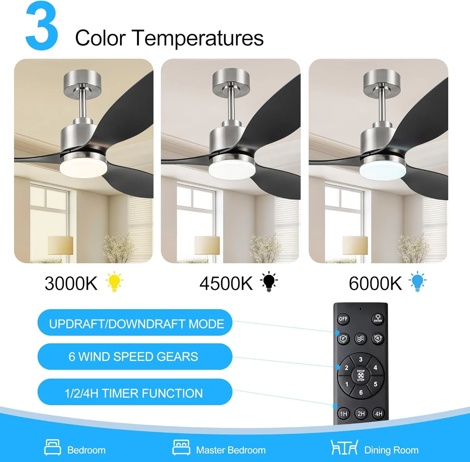 52" Ceiling Fans with LED Lights Remote Control, Modern Ceiling Fan with Reversible DC Motor, 3 Blades and 3 Color Temperature, LED Light Chandelier for Bedroom (Brushed Nickel & Black)