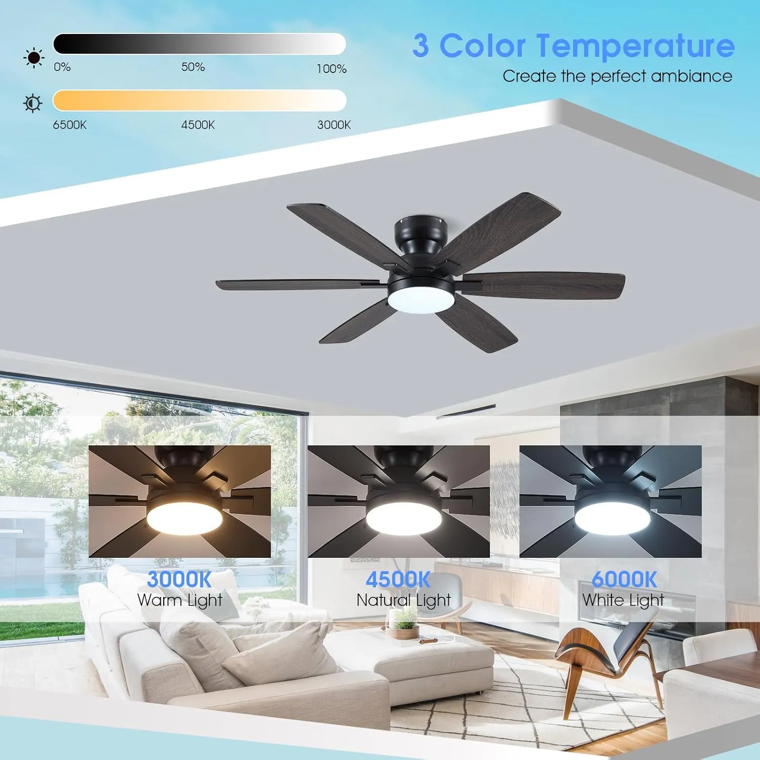 52" Ceiling Fans with Lights, Low Profile Ceiling Fan with Light and Remote/APP Control, Flush Mount Ceiling Fan with 6 Reversible Fan Blades, 3CCT, Dimmable, Quiet Motor for Bedroom Black