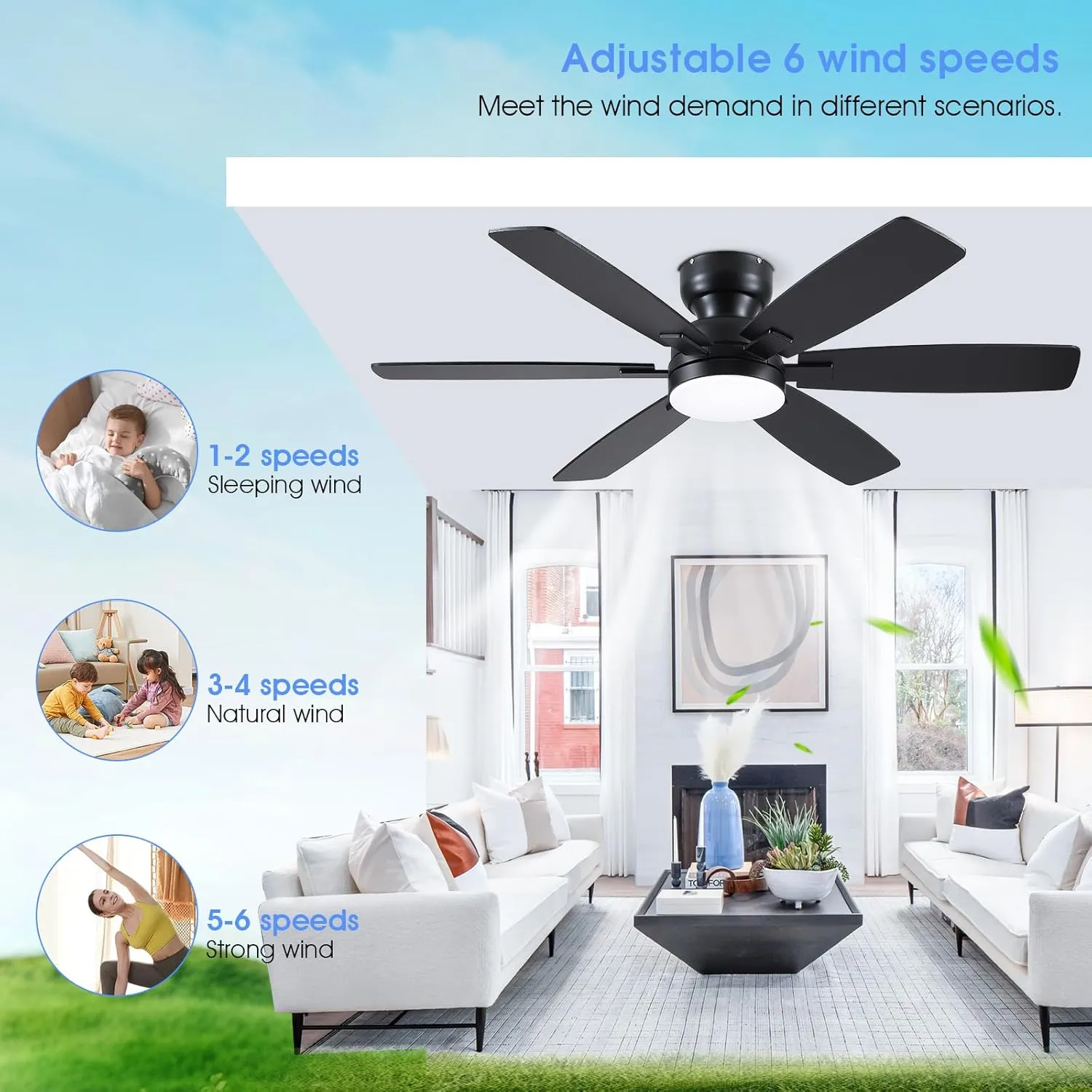 52" Ceiling Fans with Lights, Low Profile Ceiling Fan with Light and Remote/APP Control, Flush Mount Ceiling Fan with 6 Reversible Fan Blades, 3CCT, Dimmable, Quiet Motor for Bedroom Black