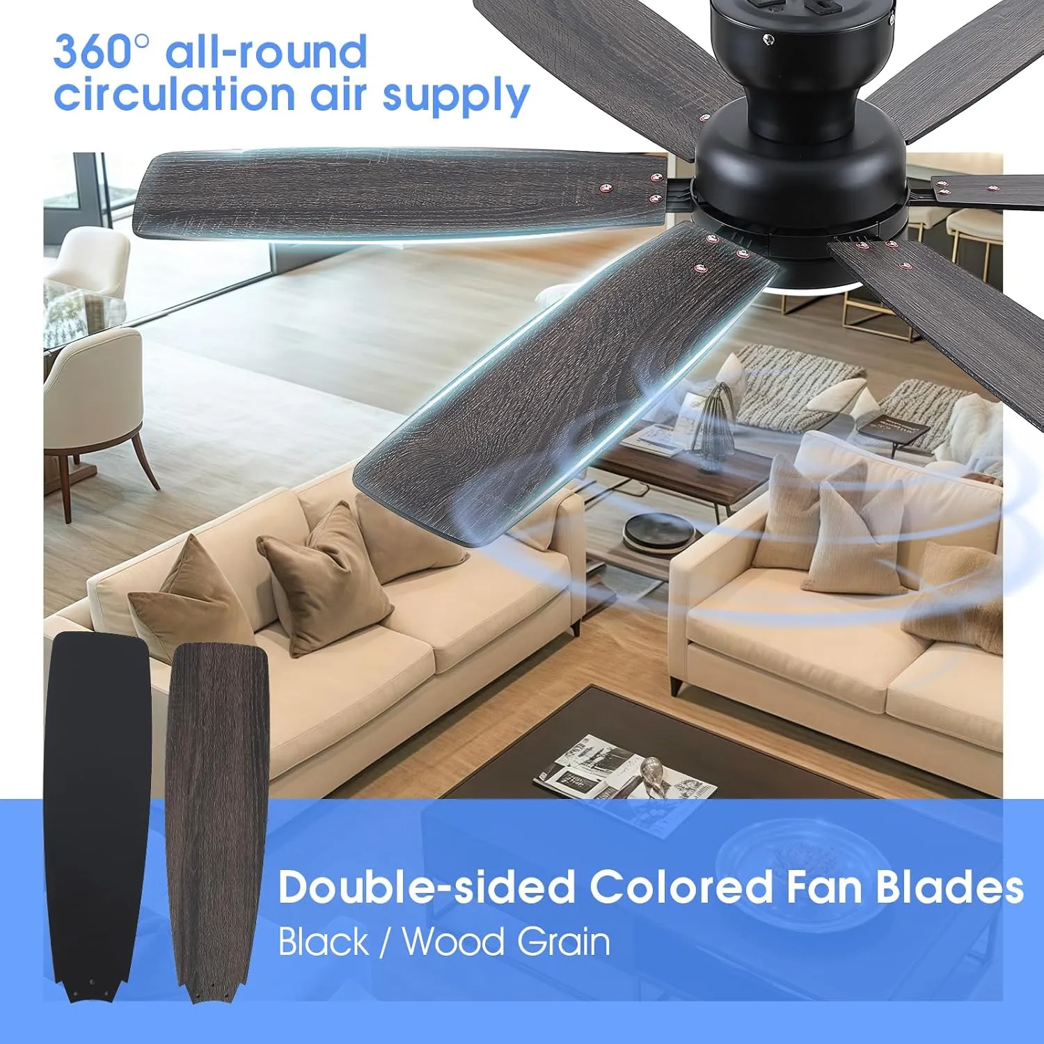 52" Ceiling Fans with Lights, Low Profile Ceiling Fan with Light and Remote/APP Control, Flush Mount Ceiling Fan with 6 Reversible Fan Blades, 3CCT, Dimmable, Quiet Motor for Bedroom Black