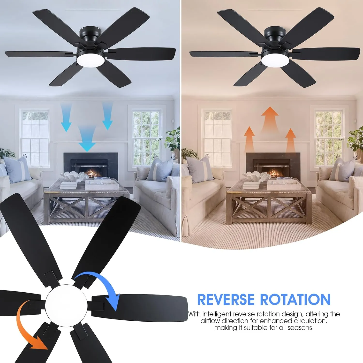 52" Ceiling Fans with Lights, Low Profile Ceiling Fan with Light and Remote/APP Control, Flush Mount Ceiling Fan with 6 Reversible Fan Blades, 3CCT, Dimmable, Quiet Motor for Bedroom Black