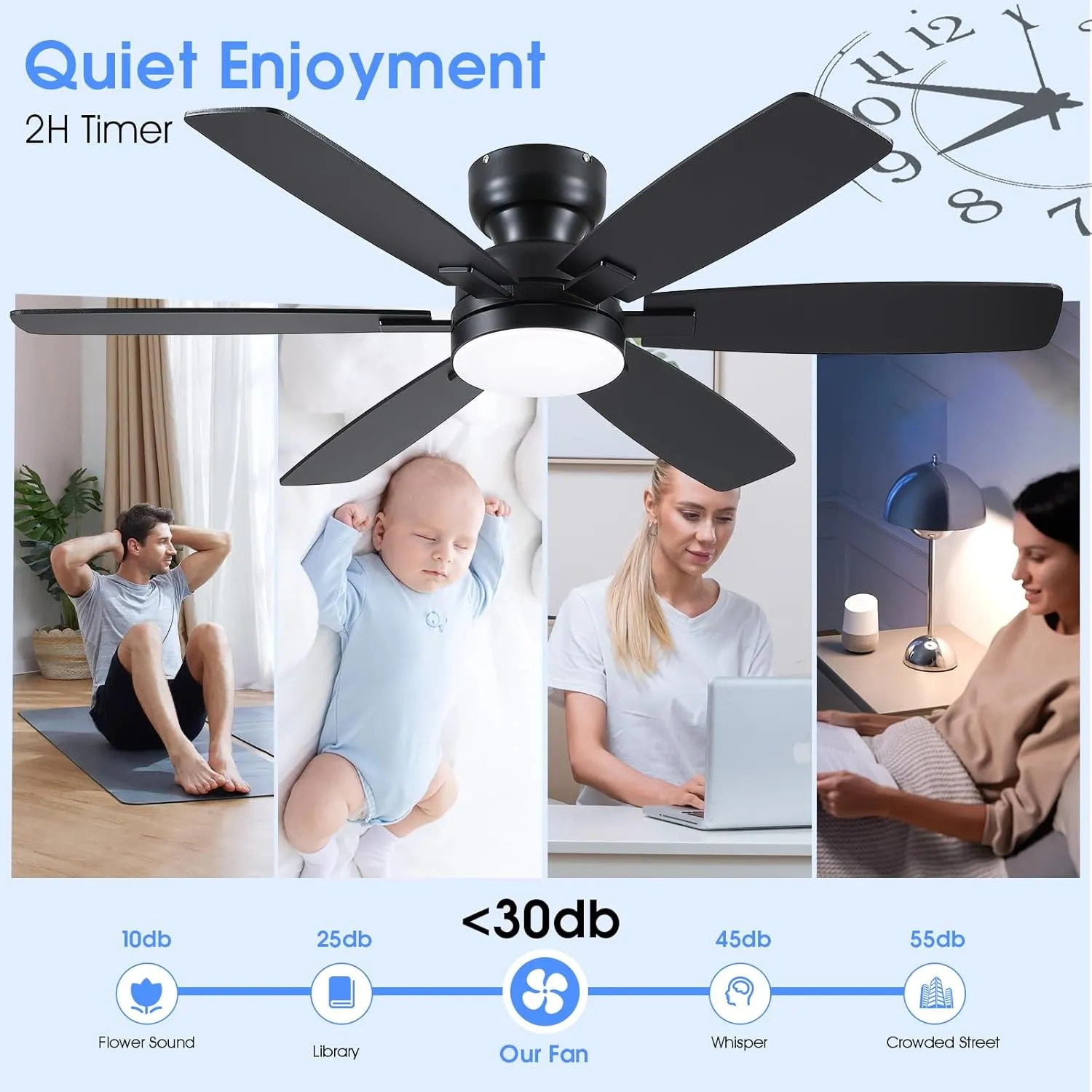 52" Ceiling Fans with Lights, Low Profile Ceiling Fan with Light and Remote/APP Control, Flush Mount Ceiling Fan with 6 Reversible Fan Blades, 3CCT, Dimmable, Quiet Motor for Bedroom Black