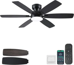 52" Ceiling Fans with Lights, Low Profile Ceiling Fan with Light and Remote/APP Control, Flush Mount Ceiling Fan with 6 Reversible Fan Blades, 3CCT, Dimmable, Quiet Motor for Bedroom Black Fan with safety blade design