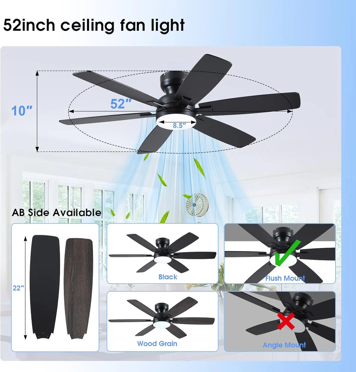 52" Ceiling Fans with Lights, Low Profile Ceiling Fan with Light and Remote/APP Control, Flush Mount Ceiling Fan with 6 Reversible Fan Blades, 3CCT, Dimmable, Quiet Motor for Bedroom Black