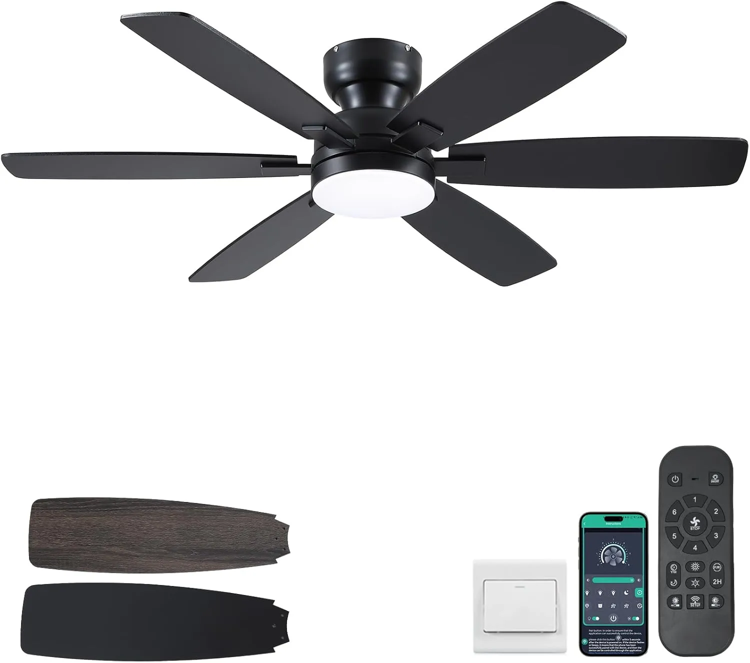 52" Ceiling Fans with Lights, Low Profile Ceiling Fan with Light and Remote/APP Control, Flush Mount Ceiling Fan with 6 Reversible Fan Blades, 3CCT, Dimmable, Quiet Motor for Bedroom Black Fan with safety blade design