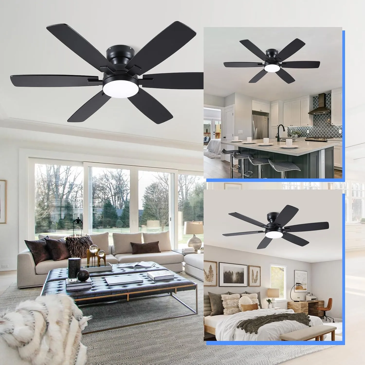 52" Ceiling Fans with Lights, Low Profile Ceiling Fan with Light and Remote/APP Control, Flush Mount Ceiling Fan with 6 Reversible Fan Blades, 3CCT, Dimmable, Quiet Motor for Bedroom Black