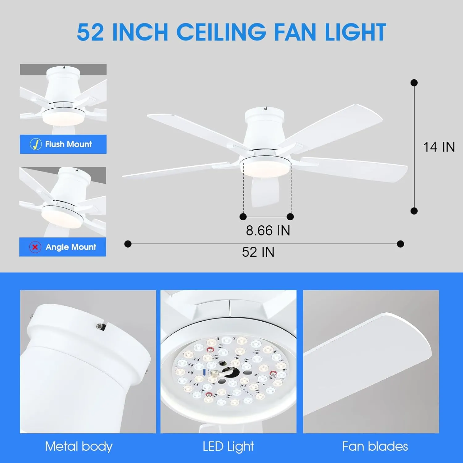 52" Ceiling Fans with Lights-Low Profile Ceiling Fan with Light and Remote/APP Control,Flush Mount,DC Reversible,LED Dimmable Ceiling Fans for Bedroom,Indoor/Outdoor Patio Use(White)