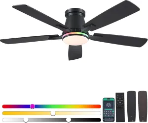 52" Ceiling Fans with RGB Lights-Low Profile Ceiling Fan with Light and Remote/APP Control,Flush Mount,DC Reversible,LED Dimmable Black Ceiling Fans for Bedroom,Indoor/Outdoor Patio Use App-controlled remote fan for convenience