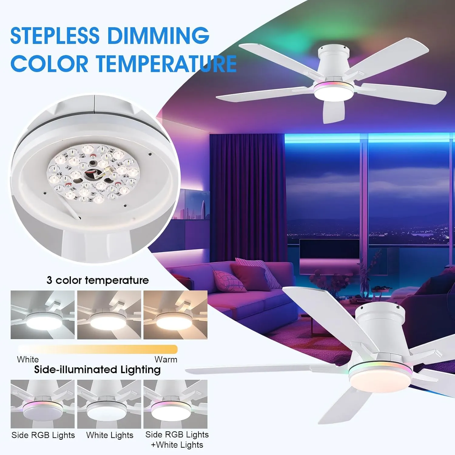52" Ceiling Fans with RGB Lights-Low Profile Ceiling Fan with Light and Remote/APP Control,Flush Mount,DC Reversible,LED Dimmable Ceiling Fans for Bedroom,Indoor/Outdoor Patio Use(White)