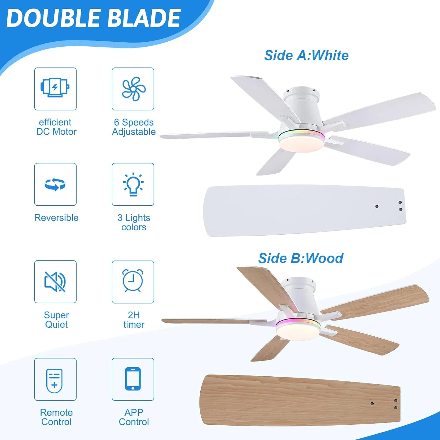 52" Ceiling Fans with RGB Lights-Low Profile Ceiling Fan with Light and Remote/APP Control,Flush Mount,DC Reversible,LED Dimmable Ceiling Fans for Bedroom,Indoor/Outdoor Patio Use(White)
