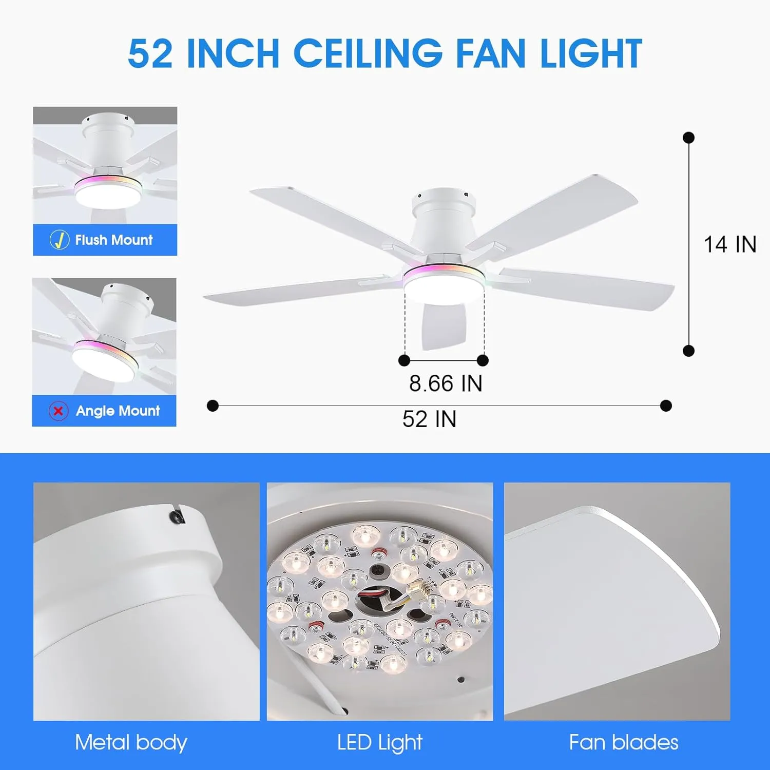 52" Ceiling Fans with RGB Lights-Low Profile Ceiling Fan with Light and Remote/APP Control,Flush Mount,DC Reversible,LED Dimmable Ceiling Fans for Bedroom,Indoor/Outdoor Patio Use(White)