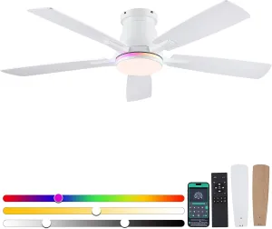 52" Ceiling Fans with RGB Lights-Low Profile Ceiling Fan with Light and Remote/APP Control,Flush Mount,DC Reversible,LED Dimmable Ceiling Fans for Bedroom,Indoor/Outdoor Patio Use(White) App-controlled remote fan for convenience