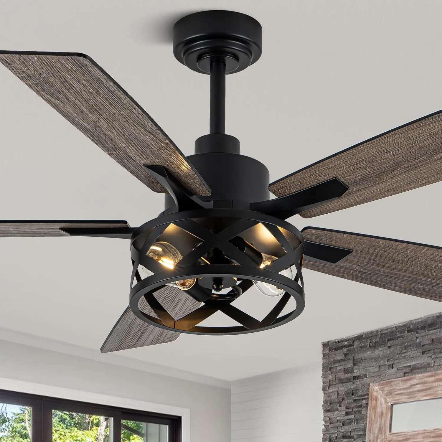 52" Farmhouse Ceiling Fan with Lights and Remote,Ceiling Fan with Caged Rustic Light Fixture,Reversible DC Motor,5 Double Finish Wood Blades for Patio, Living Room, Dining Room,Bedroom Fan with safety blade design