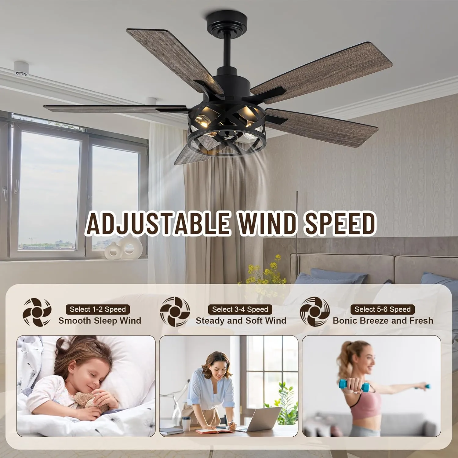 52" Farmhouse Ceiling Fan with Lights and Remote,Ceiling Fan with Caged Rustic Light Fixture,Reversible DC Motor,5 Double Finish Wood Blades for Patio, Living Room, Dining Room,Bedroom