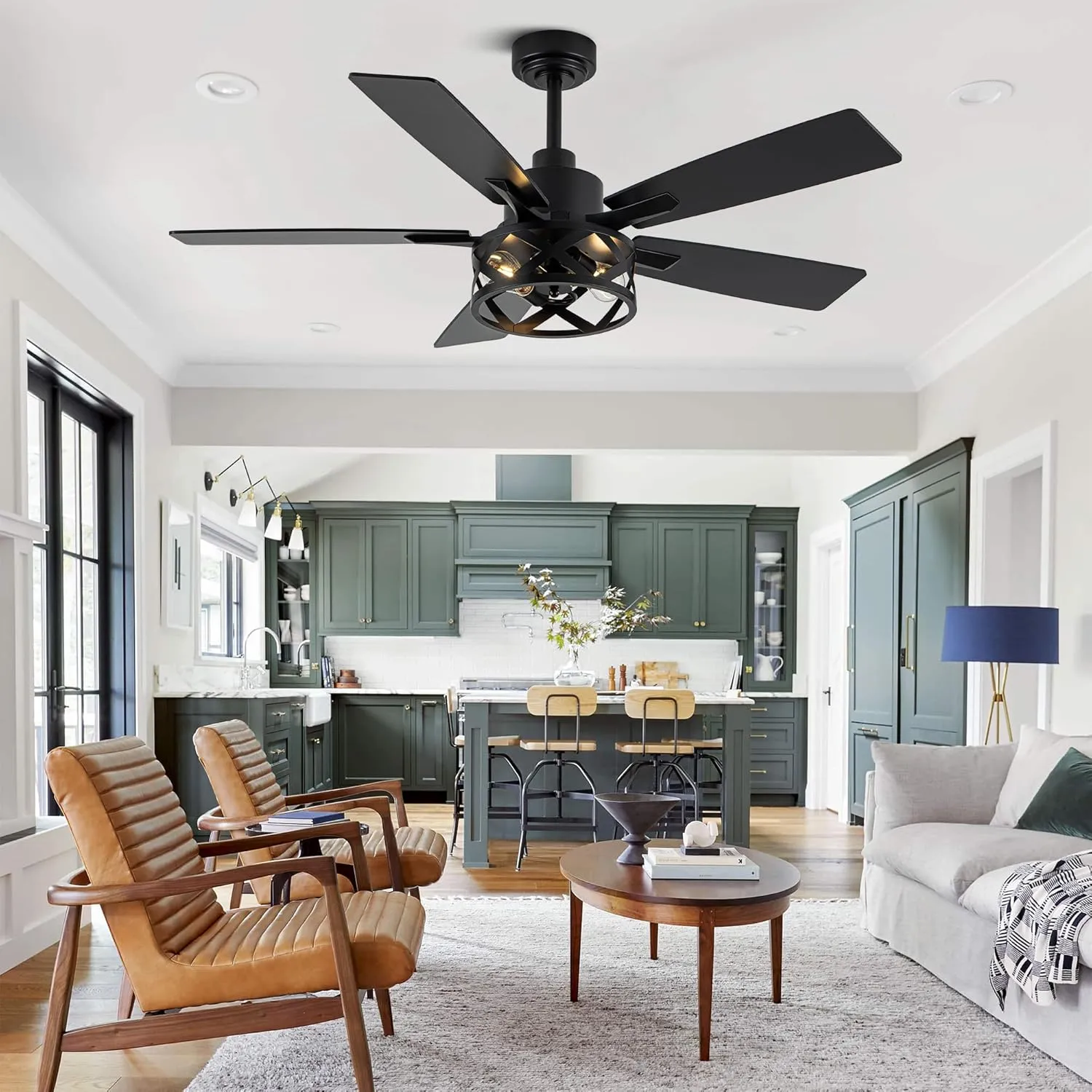 52" Farmhouse Ceiling Fan with Lights and Remote,Ceiling Fan with Caged Rustic Light Fixture,Reversible DC Motor,5 Double Finish Wood Blades for Patio, Living Room, Dining Room,Bedroom