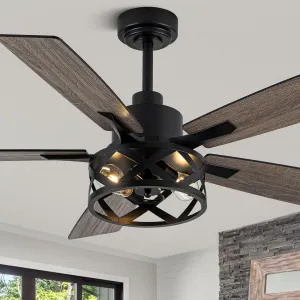 52" Farmhouse Ceiling Fan with Lights and Remote,Ceiling Fan with Caged Rustic Light Fixture,Reversible DC Motor,5 Double Finish Wood Blades for Patio, Living Room, Dining Room,Bedroom Fan with safety blade design