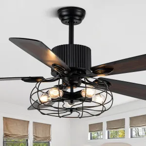 52" Farmhouse Ceiling Fans with Lights and Remote,Chandelier Ceiling Fan with Reversible DC Motor,Rustic Caged Ceiling Fan for Living Room,Dining Room,Bedroom (Black-MD-BD2011) Fan with safety blade design