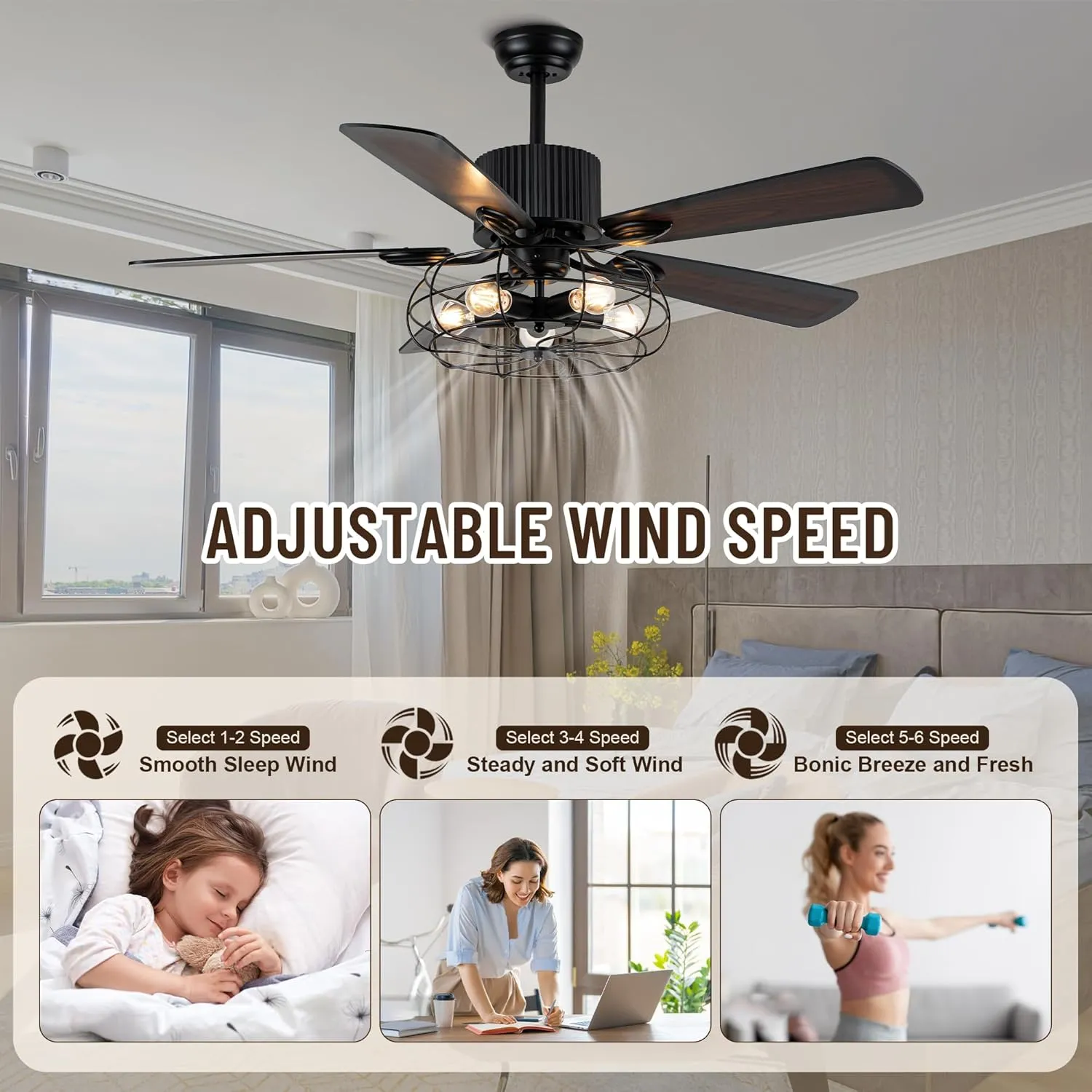 52" Farmhouse Ceiling Fans with Lights and Remote,Chandelier Ceiling Fan with Reversible DC Motor,Rustic Caged Ceiling Fan for Living Room,Dining Room,Bedroom (Black-MD-BD2011)