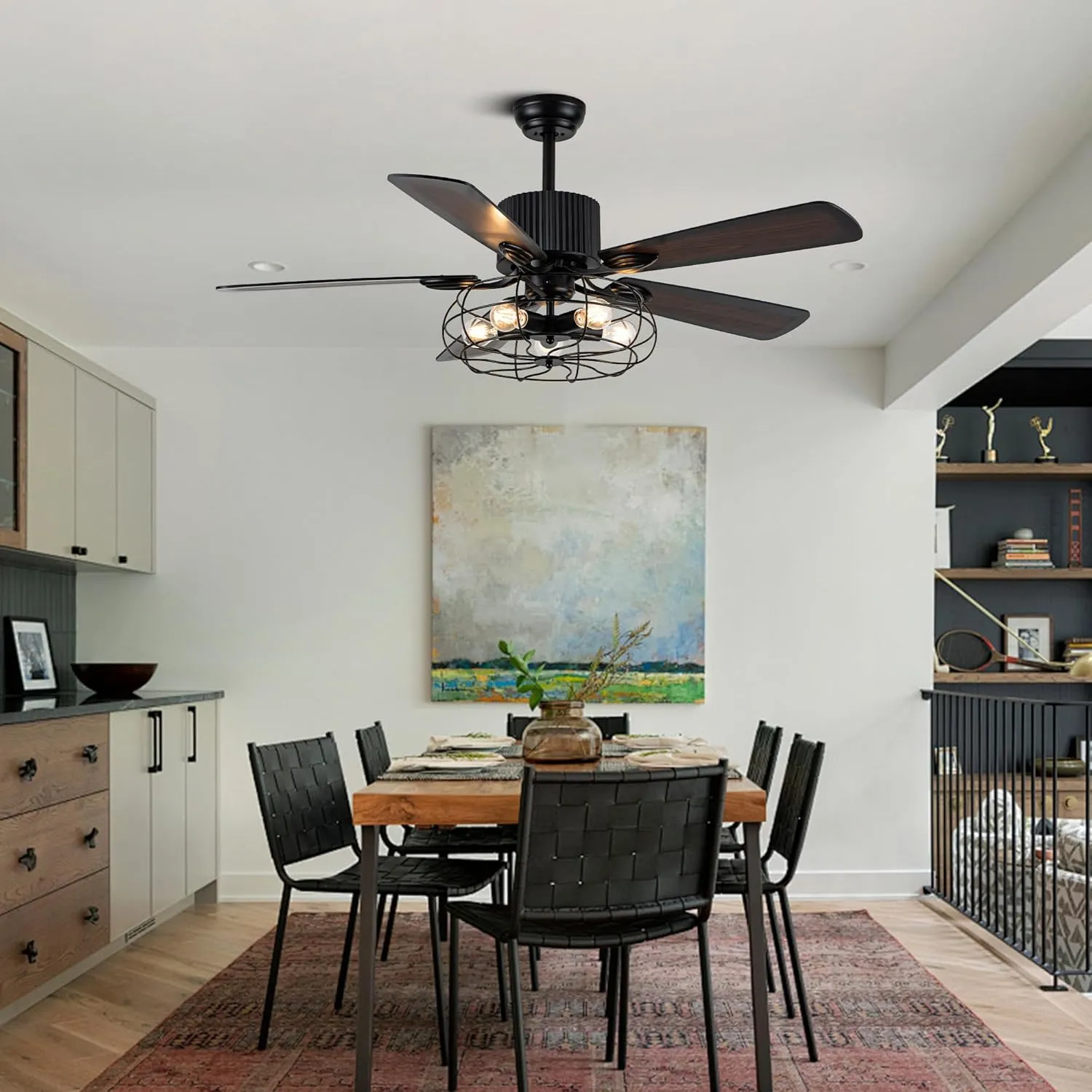 52" Farmhouse Ceiling Fans with Lights and Remote,Chandelier Ceiling Fan with Reversible DC Motor,Rustic Caged Ceiling Fan for Living Room,Dining Room,Bedroom (Black-MD-BD2011)