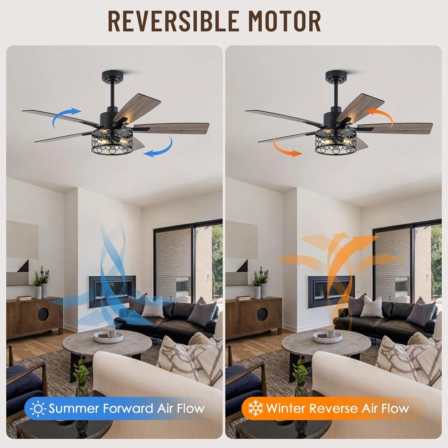 52" Farmhouse Ceiling Fans with Lights and Remote,Chandelier Ceiling Fan with Reversible DC Motor,Rustic Caged Ceiling Fan for Living Room,Dining Room,Bedroom (Black-MD-FS5812)