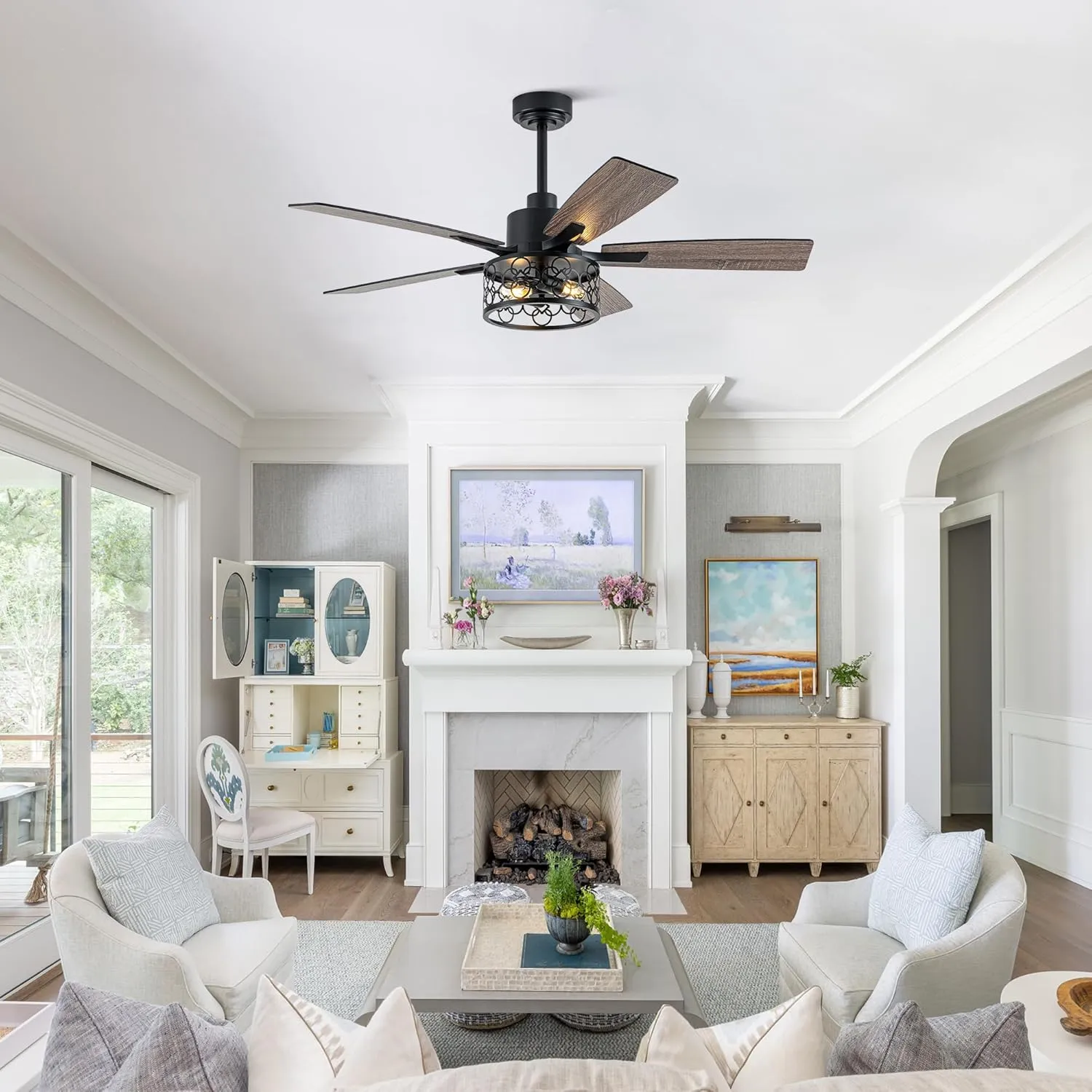 52" Farmhouse Ceiling Fans with Lights and Remote,Chandelier Ceiling Fan with Reversible DC Motor,Rustic Caged Ceiling Fan for Living Room,Dining Room,Bedroom (Black-MD-FS5812)