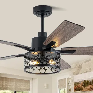 52" Farmhouse Ceiling Fans with Lights and Remote,Chandelier Ceiling Fan with Reversible DC Motor,Rustic Caged Ceiling Fan for Living Room,Dining Room,Bedroom (Black-MD-FS5812) Fan with safety blade design
