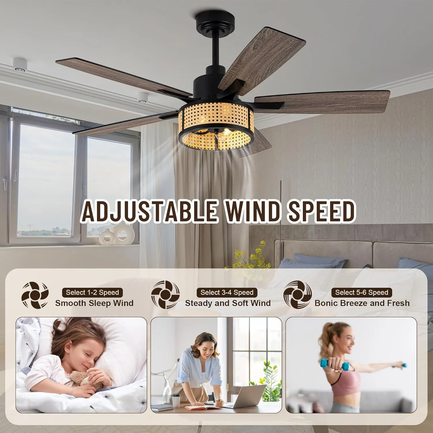 52" Farmhouse Ceiling Fans with Lights and Remote,Chandelier Ceiling Fan with Reversible DC Motor,Rustic Caged Ceiling Fan for Living Room,Dining Room,Bedroom (Rattan-MD-FS8961)