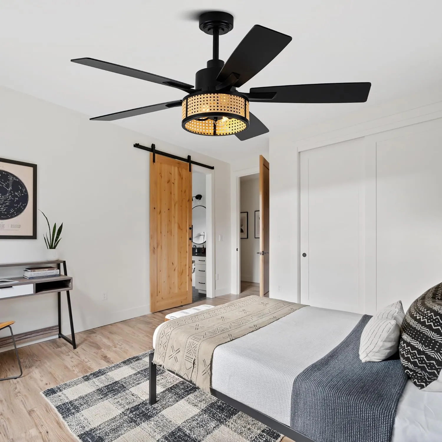 52" Farmhouse Ceiling Fans with Lights and Remote,Chandelier Ceiling Fan with Reversible DC Motor,Rustic Caged Ceiling Fan for Living Room,Dining Room,Bedroom (Rattan-MD-FS8961)