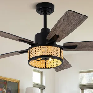 52" Farmhouse Ceiling Fans with Lights and Remote,Chandelier Ceiling Fan with Reversible DC Motor,Rustic Caged Ceiling Fan for Living Room,Dining Room,Bedroom (Rattan-MD-FS8961) Fan with safety blade design