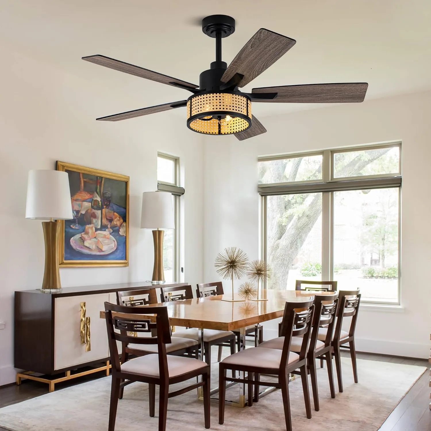 52" Farmhouse Ceiling Fans with Lights and Remote,Chandelier Ceiling Fan with Reversible DC Motor,Rustic Caged Ceiling Fan for Living Room,Dining Room,Bedroom (Rattan-MD-FS8961)