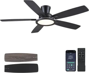 52" Flush Mount Ceiling Fan with Lights and Remote - Black Modern Ceiling Fan, Reversible and 5 Dual-Sided Blades, Low Profile Fan Light for Indoor Bedroom, Covered Patios App-controlled remote fan for convenience