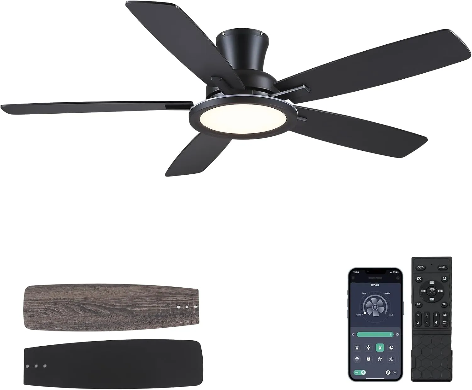 52" Flush Mount Ceiling Fan with Lights and Remote - Black Modern Ceiling Fan, Reversible and 5 Dual-Sided Blades, Low Profile Fan Light for Indoor Bedroom, Covered Patios App-controlled remote fan for convenience