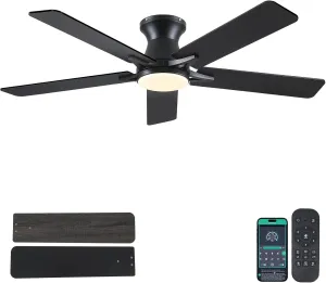 52" Low Profile Ceiling Fans with Lights and Remote,Black Outdoor Ceiling Fans with Reversible Quiet Motor,Modern Flush Mount Ceiling Fan Light for Living Room Patio Kitchen Fan with safety blade design