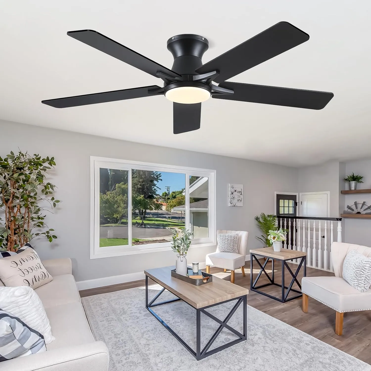 52" Low Profile Ceiling Fans with Lights and Remote,Black Outdoor Ceiling Fans with Reversible Quiet Motor,Modern Flush Mount Ceiling Fan Light for Living Room Patio Kitchen