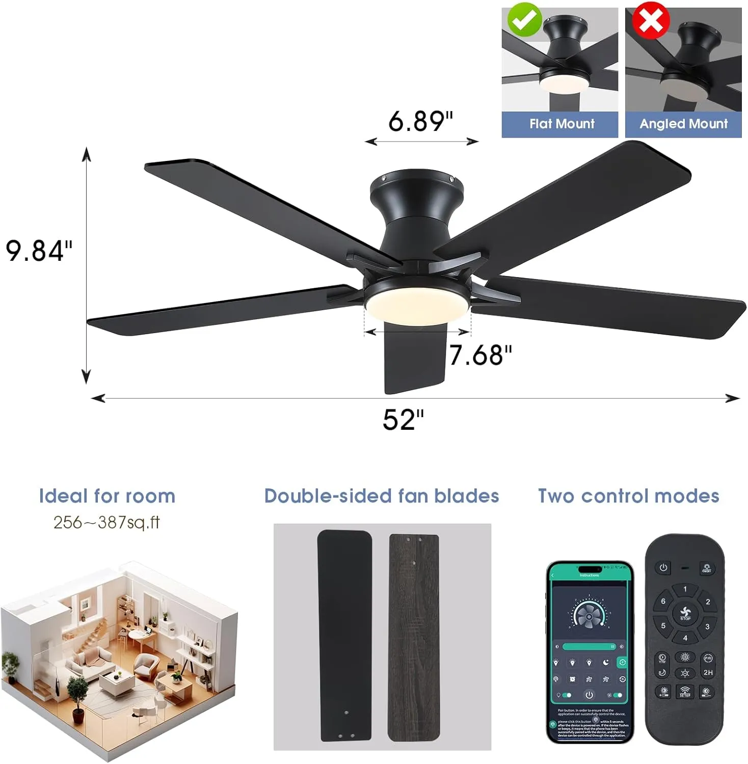 52" Low Profile Ceiling Fans with Lights and Remote,Black Outdoor Ceiling Fans with Reversible Quiet Motor,Modern Flush Mount Ceiling Fan Light for Living Room Patio Kitchen